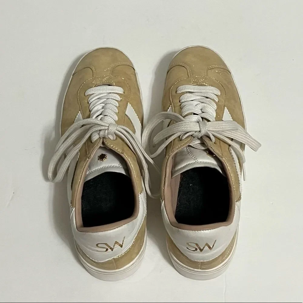 Stuart Weitzman Daryl Metallic Leather Sneakers Gold And White Size 7